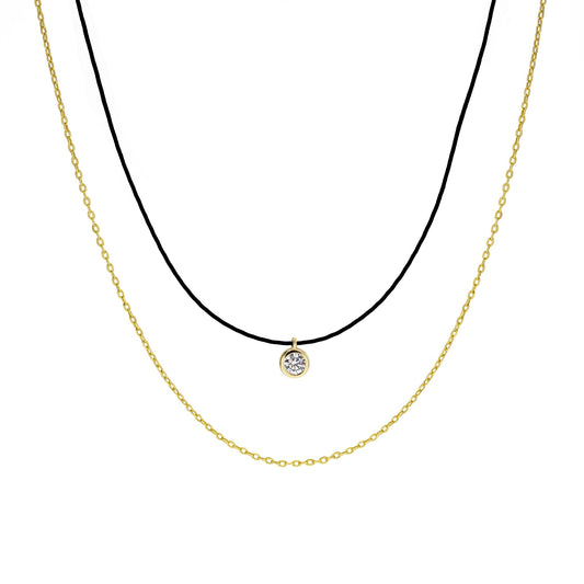 Double Necklace Black Cord and Chain with Bezel Solitaire