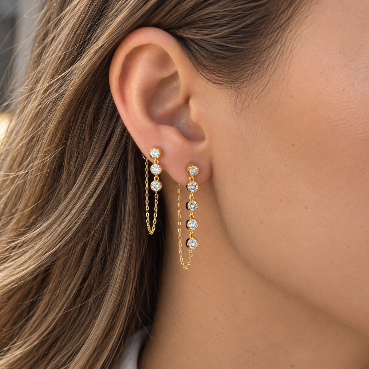 Trio Bezel Chain Earrings