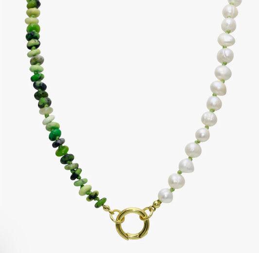 Fresh Pearl & Green Pukka Push Clasp Necklace