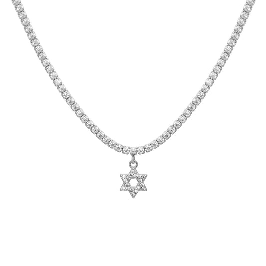 Thin Tennis Necklace With Star Of David