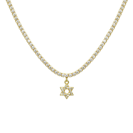Thin Tennis Necklace With Star Of David