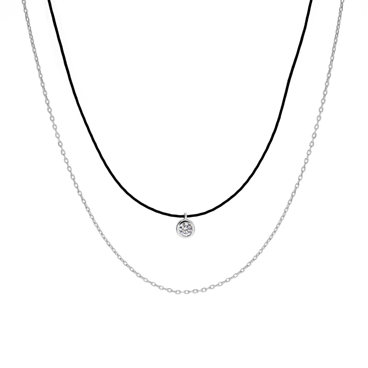 Double Necklace Black Cord and Chain with Bezel Solitaire