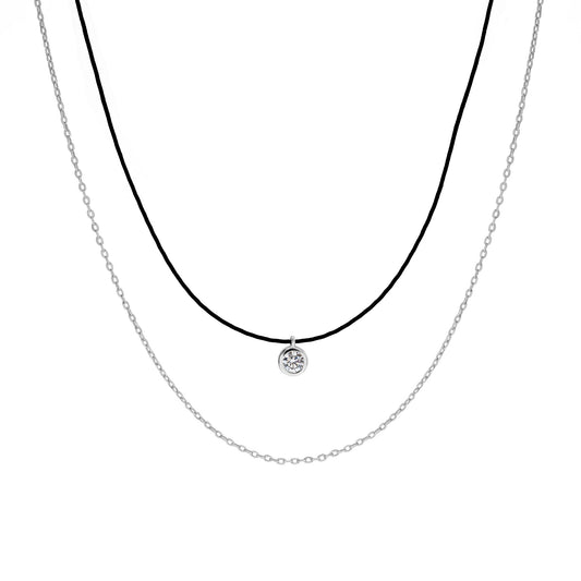Double Necklace Black Cord and Chain with Bezel Solitaire
