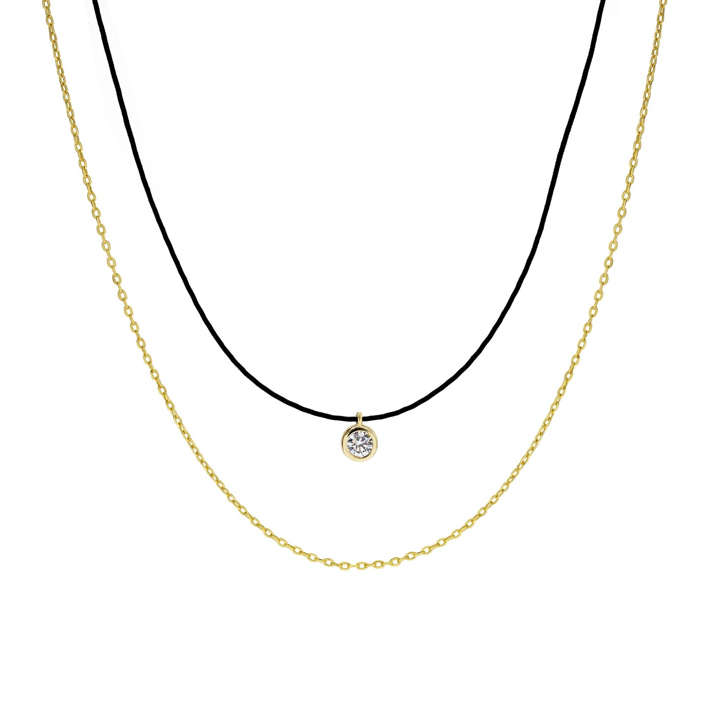 Double Necklace Black Cord and Chain with Bezel Solitaire