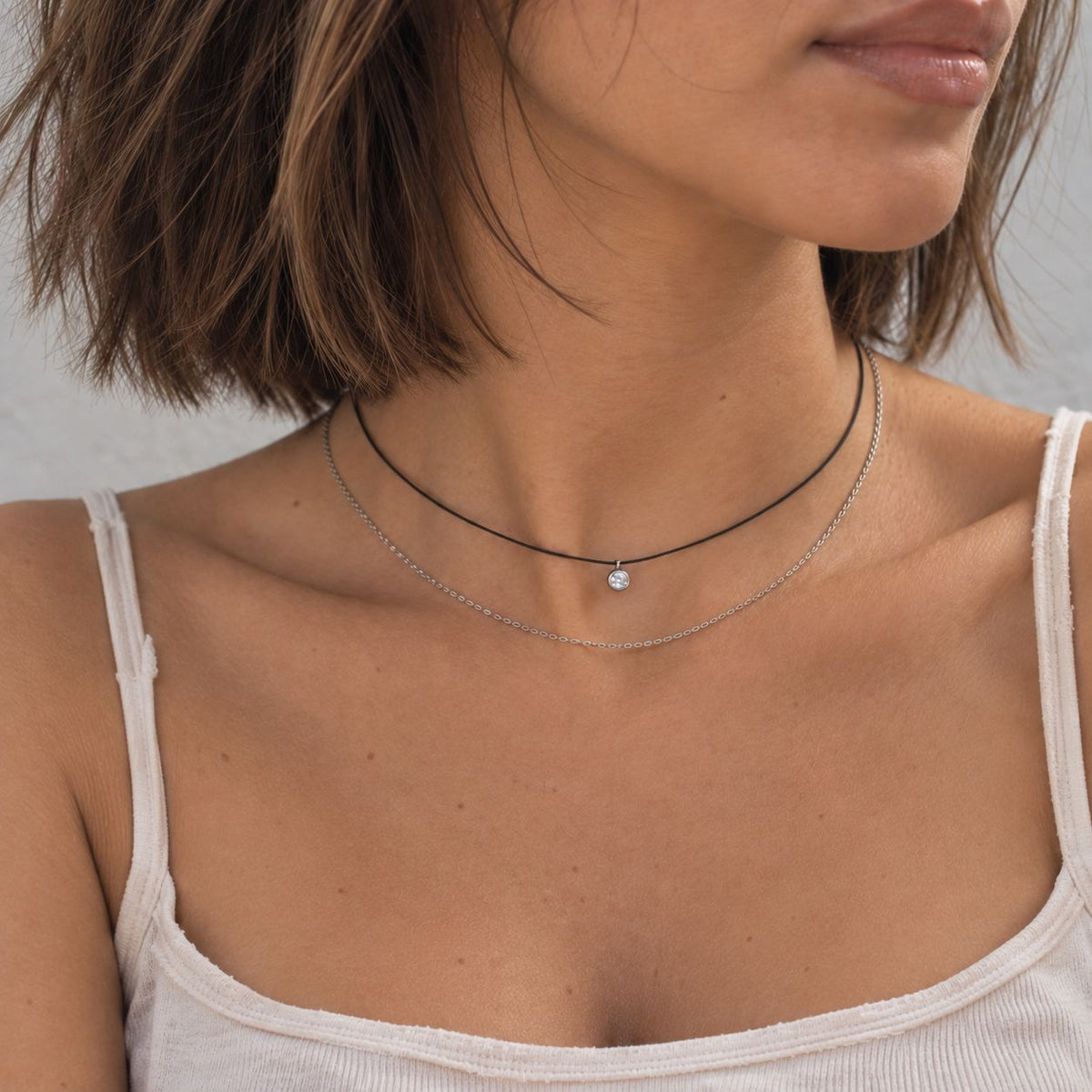 Double Necklace Black Cord and Chain with Bezel Solitaire
