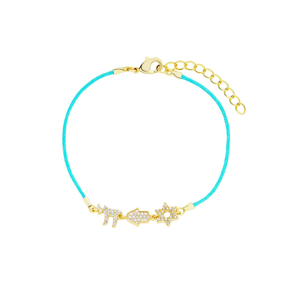 Three Charm Jewish Turquoise Cord Bracelet