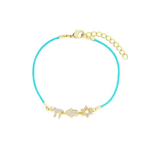 Three Charm Jewish Turquoise Cord Bracelet