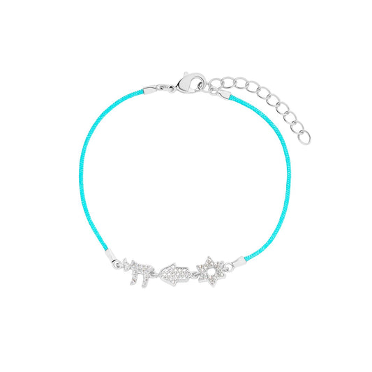 Three Charm Jewish Turquoise Cord Bracelet